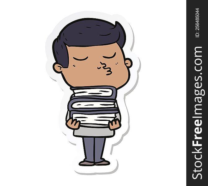 Sticker Of A Cartoon Model Guy Pouting Holding Books