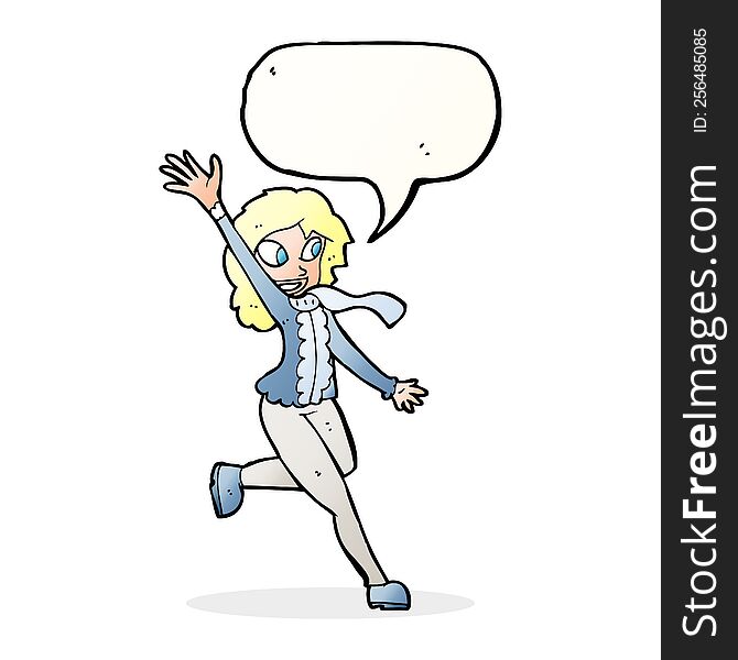 Cartoon Woman Waving Dressed For Winter With Speech Bubble