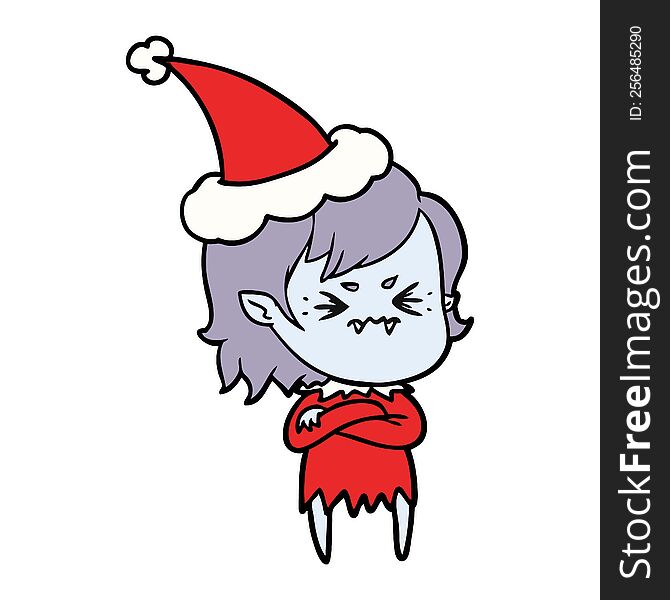 annoyed hand drawn line drawing of a vampire girl wearing santa hat. annoyed hand drawn line drawing of a vampire girl wearing santa hat