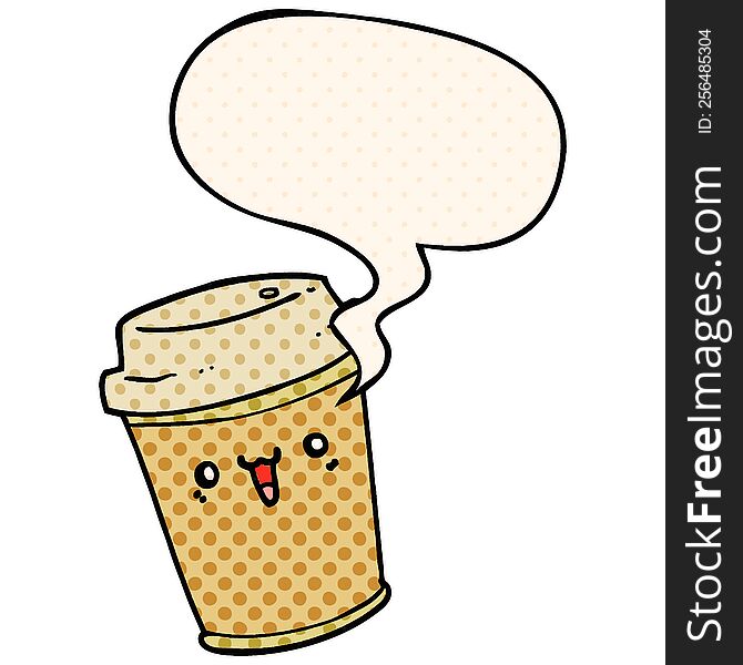 cartoon take out coffee with speech bubble in comic book style