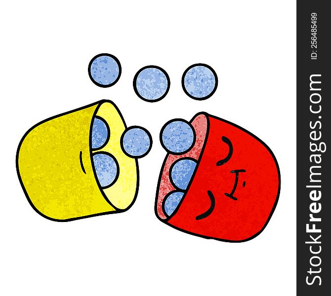 freehand drawn textured cartoon of a smiling pill