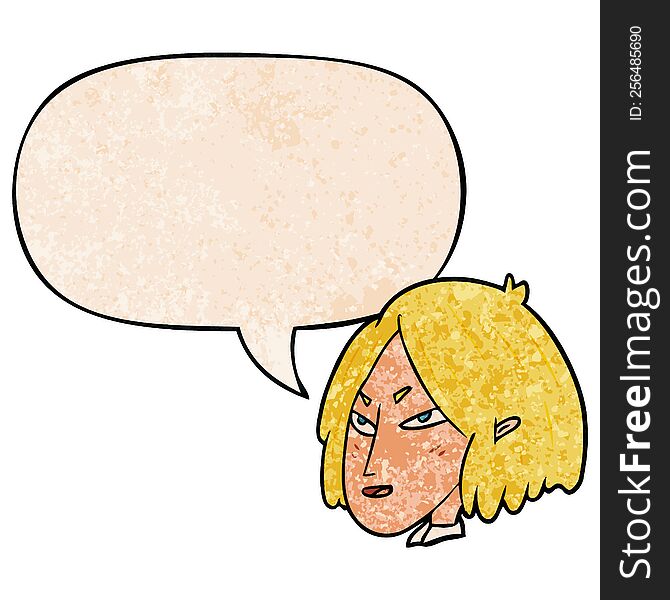 Cartoon Woman And Speech Bubble In Retro Texture Style
