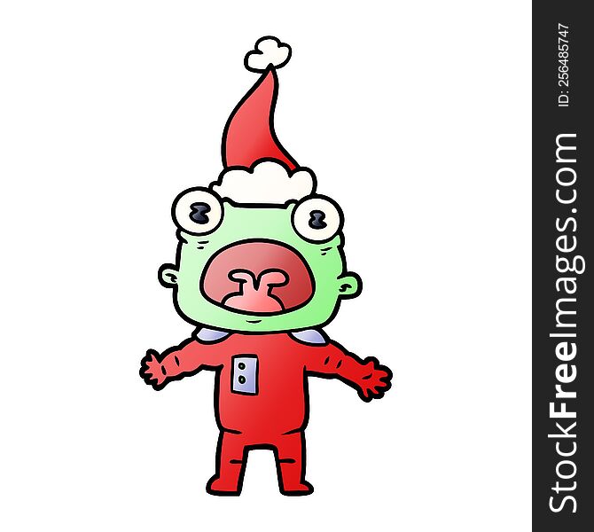 hand drawn gradient cartoon of a weird alien communicating wearing santa hat