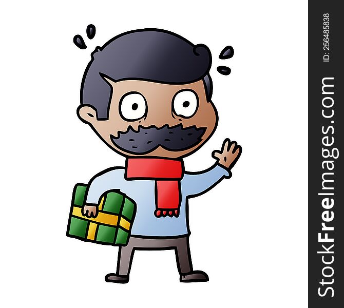 cartoon man with mustache and christmas present. cartoon man with mustache and christmas present