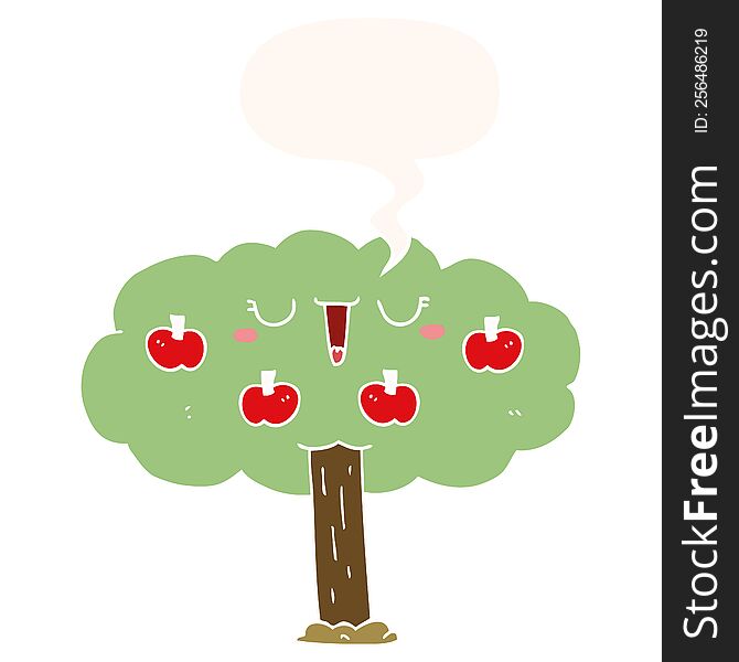 cartoon apple tree with speech bubble in retro style