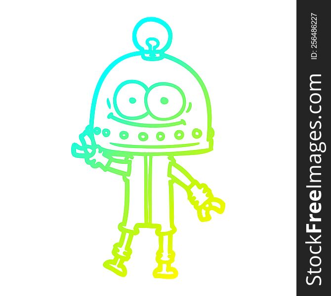 cold gradient line drawing of a happy carton robot with light bulb