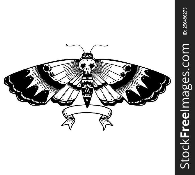 traditional black linework tattoo with banner of a deaths head moth