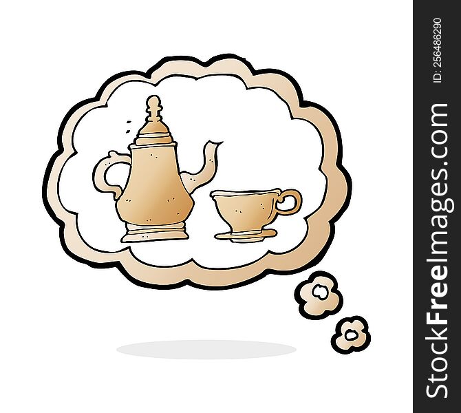 cartoon coffee pot and cup with thought bubble