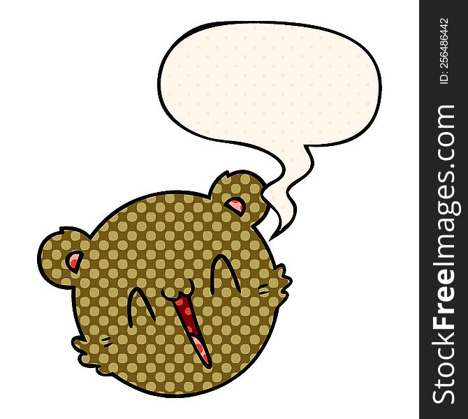 Cute Cartoon Teddy Bear Face And Speech Bubble In Comic Book Style