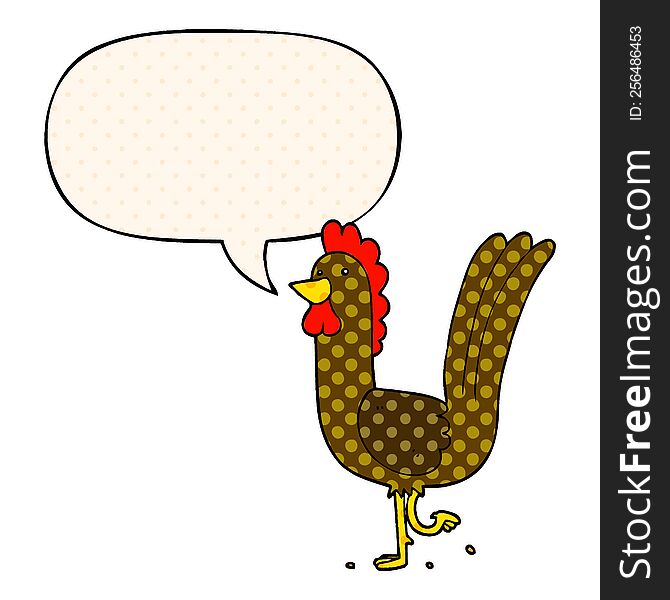 cartoon rooster and speech bubble in comic book style