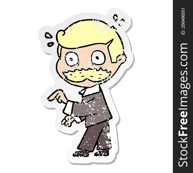 distressed sticker of a cartoon man with mustache making a point