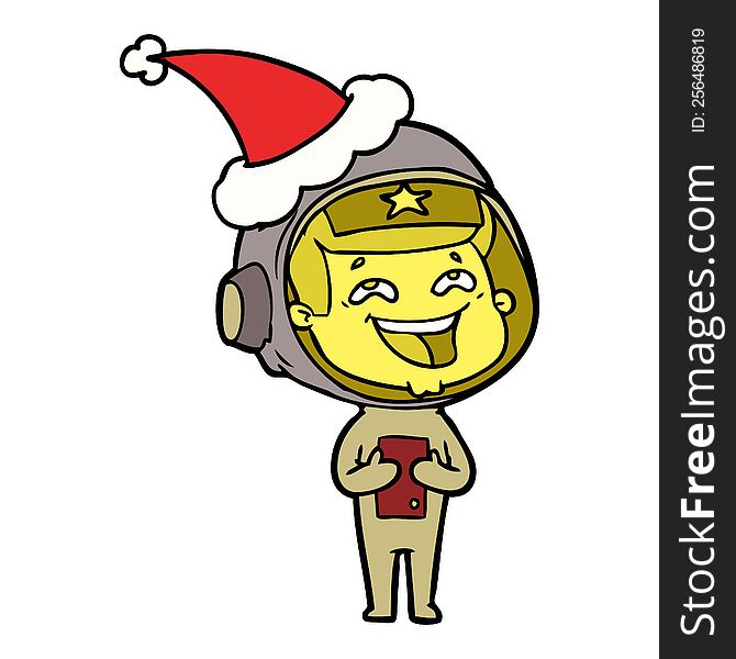 Line Drawing Of A Laughing Astronaut Wearing Santa Hat