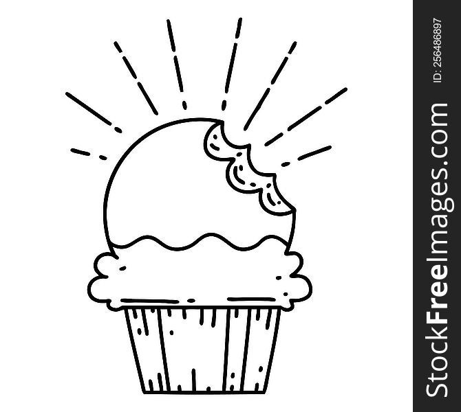 illustration of a traditional black line work tattoo style cupcake with missing bite