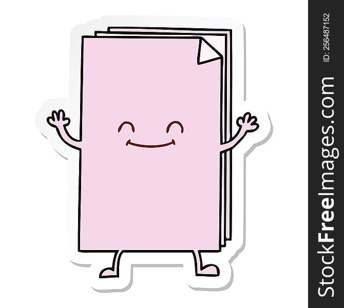 sticker of a quirky hand drawn cartoon happy stack of papers