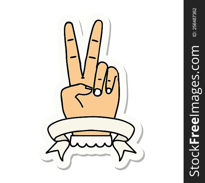 sticker of a peace two finger hand gesture with banner. sticker of a peace two finger hand gesture with banner