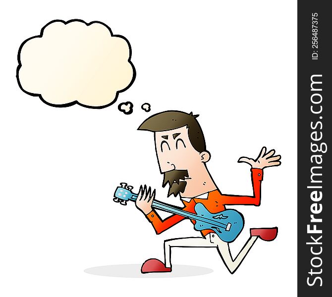 cartoon man playing electric guitar with thought bubble