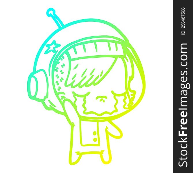 cold gradient line drawing of a cartoon crying astronaut girl waving goodbye