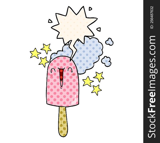 cute cartoon ice lolly with speech bubble in comic book style