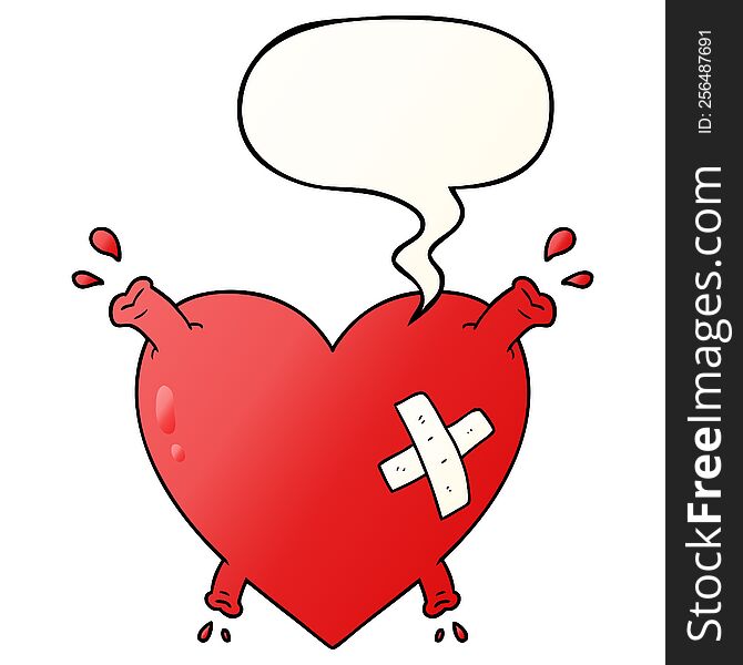 cartoon heart squirting blood and speech bubble in smooth gradient style