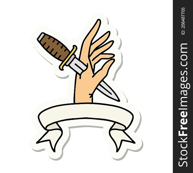 tattoo style sticker with banner of a dagger in the hand