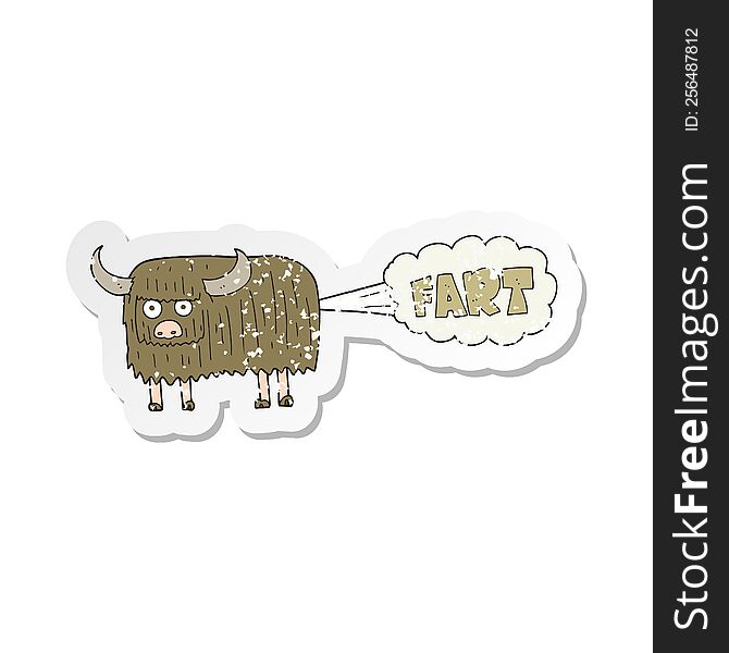 retro distressed sticker of a cartoon hairy cow farting
