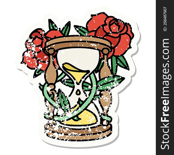 distressed sticker tattoo in traditional style of an hour glass and flowers. distressed sticker tattoo in traditional style of an hour glass and flowers