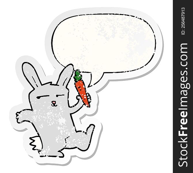cartoon rabbit with carrot with speech bubble distressed distressed old sticker. cartoon rabbit with carrot with speech bubble distressed distressed old sticker