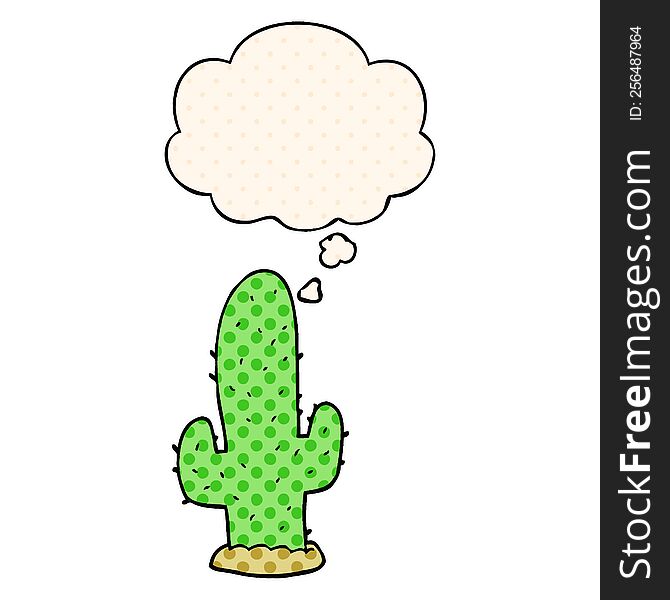 cartoon cactus with thought bubble in comic book style