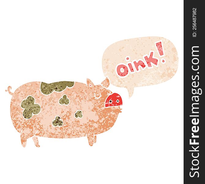 cartoon oinking pig with speech bubble in grunge distressed retro textured style. cartoon oinking pig with speech bubble in grunge distressed retro textured style