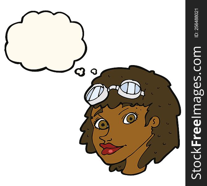 Cartoon Happy Woman Wearing Aviator Goggles With Thought Bubble