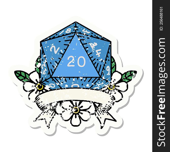 Natural 20 Critical Hit D20 Dice Roll Grunge Sticker