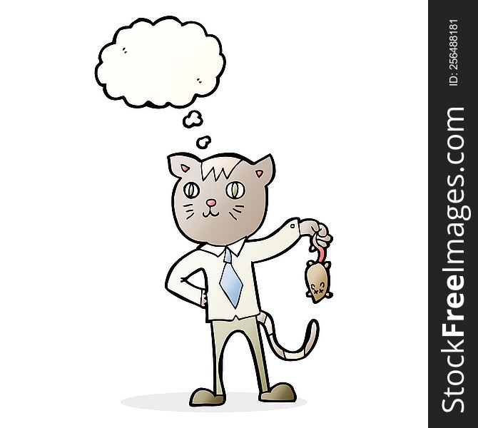cartoon business cat with dead mouse with thought bubble
