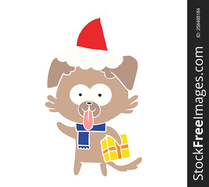 hand drawn flat color illustration of a dog with christmas present wearing santa hat