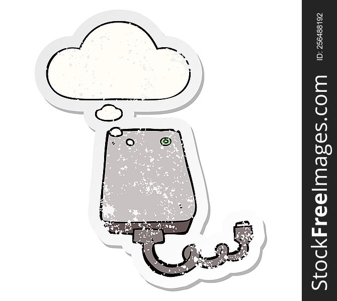 cartoon hard drive with thought bubble as a distressed worn sticker