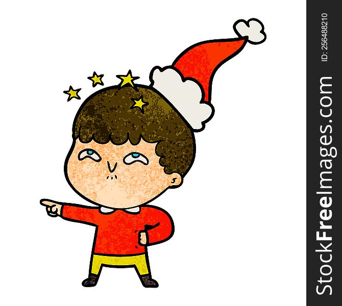 hand drawn textured cartoon of a amazed boy wearing santa hat