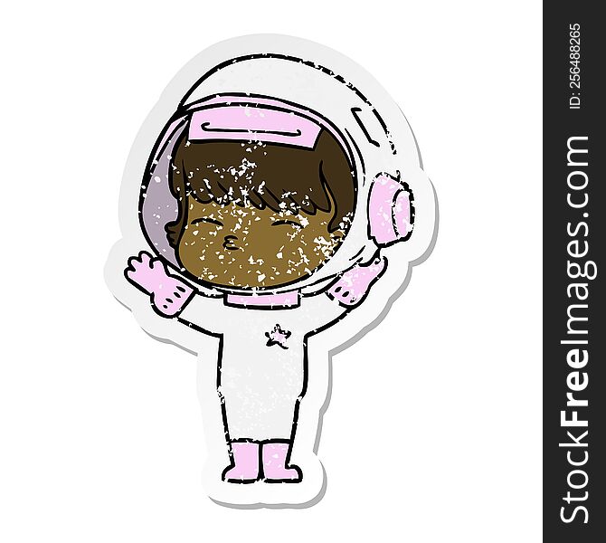 distressed sticker of a cartoon curious astronaut