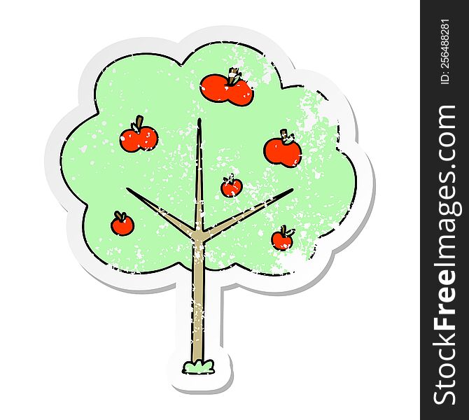 distressed sticker of a quirky hand drawn cartoon apple tree