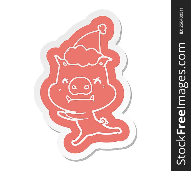 Angry Cartoon  Sticker Of A Pig Wearing Santa Hat