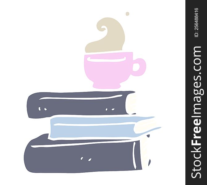 flat color illustration cartoon books and cup of coffee