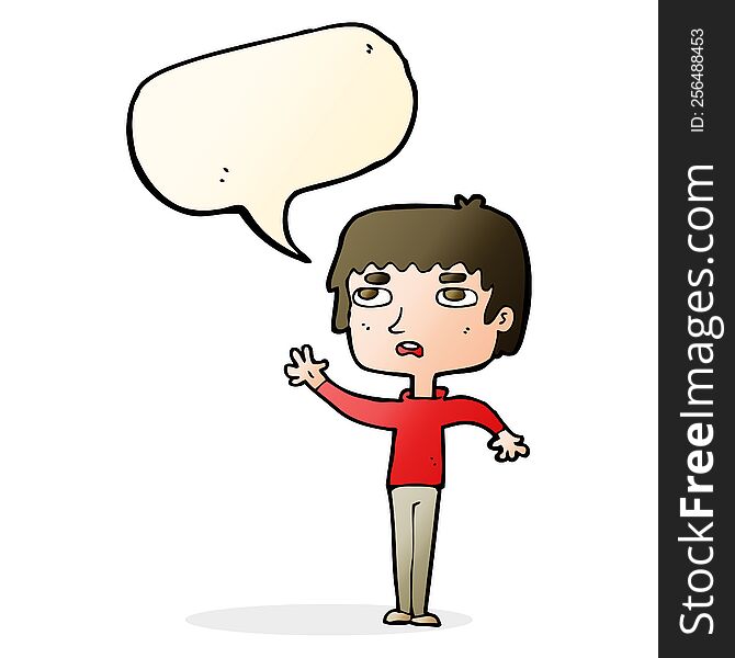 Cartoon Unhappy Boy Waving With Speech Bubble