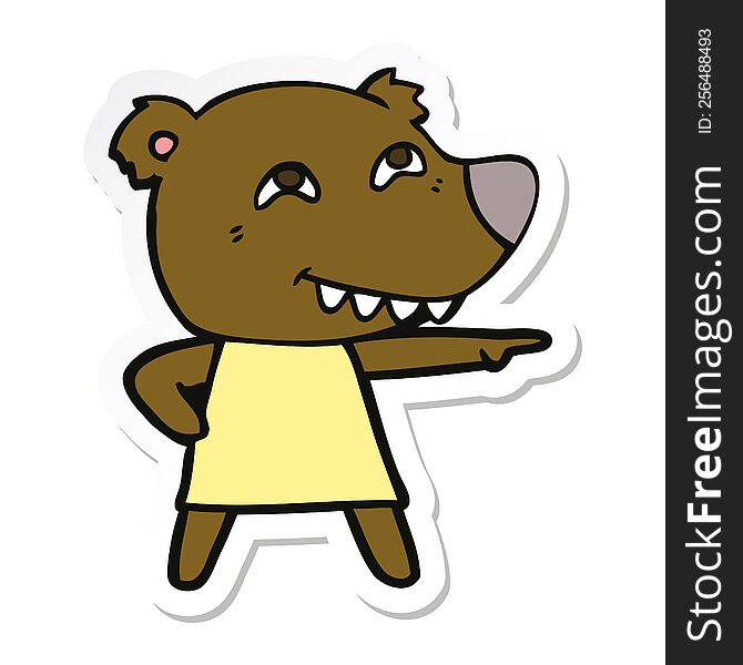 Sticker Of A Cartoon Pointing Bear Girl Showing Teeth
