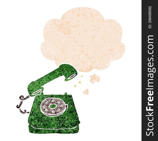 Cartoon Old Telephone And Thought Bubble In Retro Textured Style