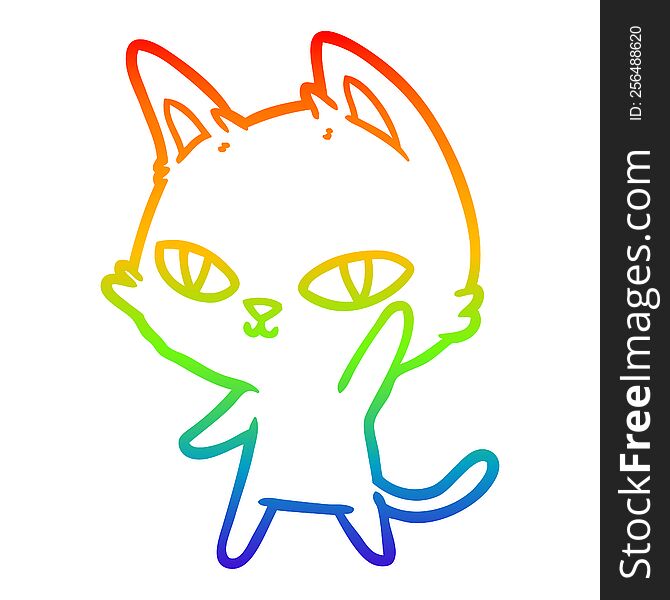 rainbow gradient line drawing of a cartoon cat waving