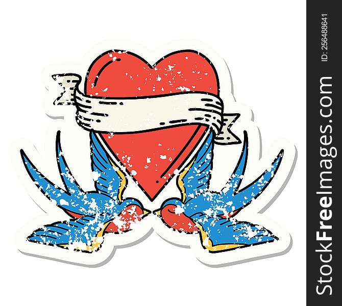 distressed sticker tattoo in traditional style of swallows and a heart with banner. distressed sticker tattoo in traditional style of swallows and a heart with banner