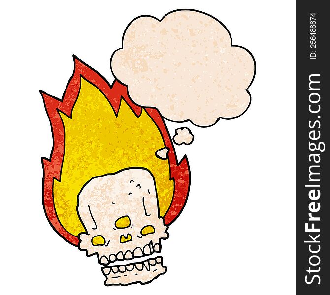 spooky cartoon flaming skull with thought bubble in grunge texture style. spooky cartoon flaming skull with thought bubble in grunge texture style