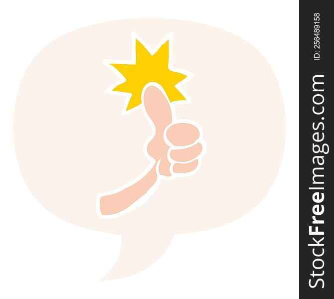 cartoon thumbs up sign with speech bubble in retro style