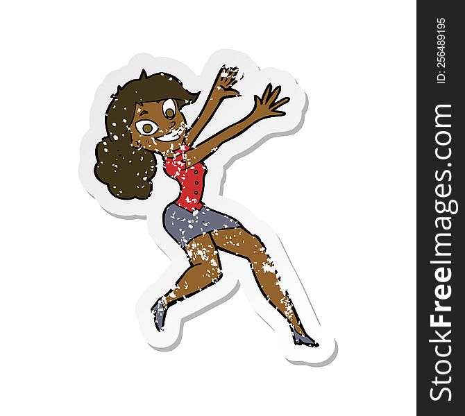 retro distressed sticker of a cartoon happy woman jumping