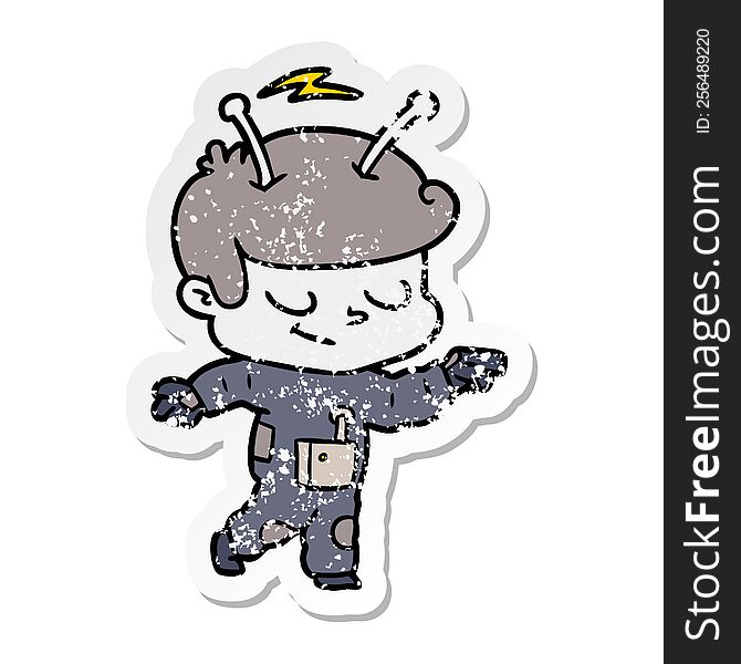 Distressed Sticker Of A Friendly Cartoon Spaceman Pointing