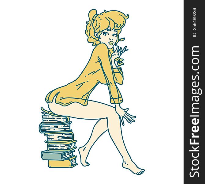 iconic tattoo style image of a pinup girl sitting on books. iconic tattoo style image of a pinup girl sitting on books