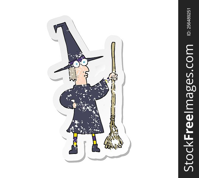 Retro Distressed Sticker Of A Cartoon Witch With Broom